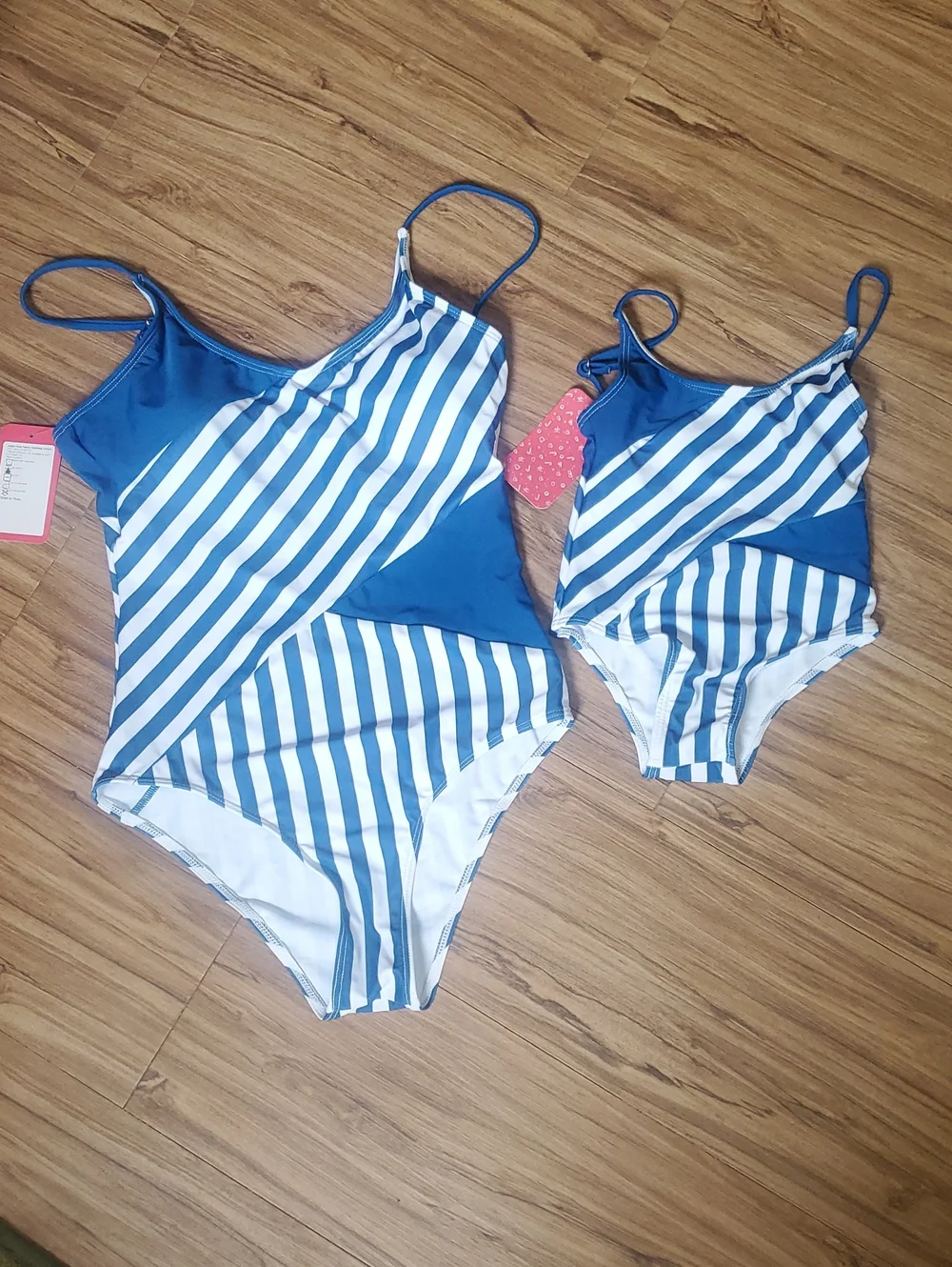 Blue & White Striped Mommy And Kids One-Piece Swimsuit - Matching - Picture 1 of 7